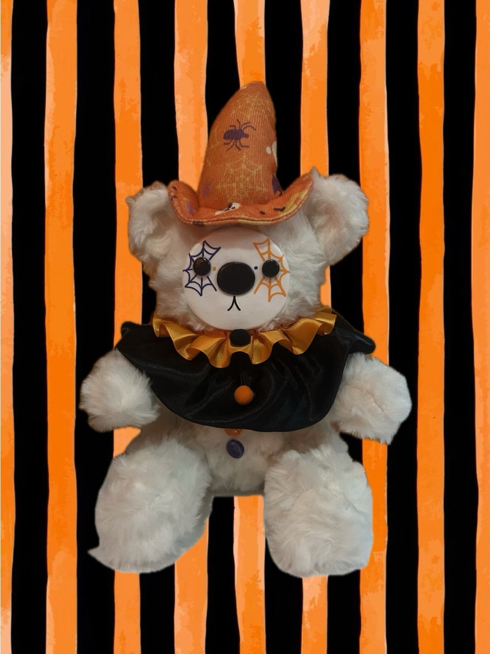 Halloween White Plush Bear in Orange Witch Hat and Black Ruffle